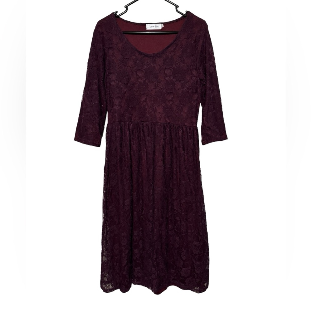 Long Modest Knee Length Maroon Burgundy Lace Dress Women’s Size‎ Medium Large